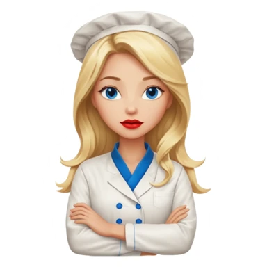 Beautiful, sexy,  long blonde hair, blue eyed, full red lips plunging v neck chefs coat, female chef arms folded  sticker