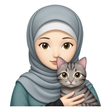 Asian White girl wearing hijab holding a black grey tabby cat sticker