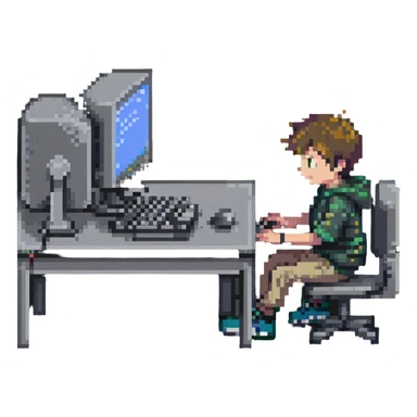 a boy coding on a computer sticker