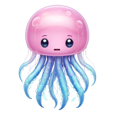 Cinematic floating kawaii jellyfish, tiny round body, soft glowing tentacles, pastel pink and blue hues, delicate sparkling highlights, dreamy and adorable. sticker