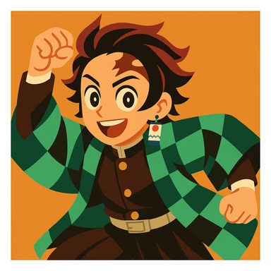 Tanjiro Kamado, vibrant toon style, green checkered haori, hanafuda earrings, short black hair with burgundy tips, energetic pose sticker