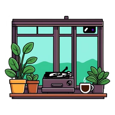 cozy indie coffee shop with plants and record player sticker