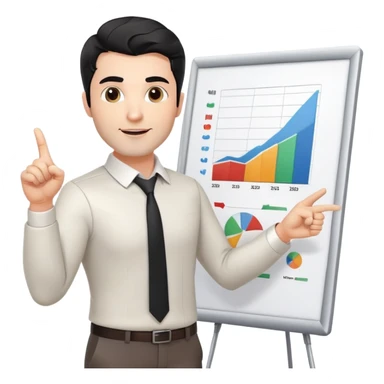 Professional 35-year-old man with black wavy hair, stubble, strong jawline, white skin tone, wearing smart casual business attire, standing and pointing at a presentation chart, teaching pose sticker
