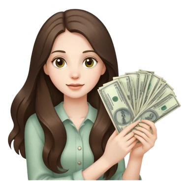 beautiful pale brunette girl with long hair holding a bunxh of money sticker