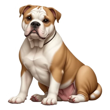 cinematic-[american bulldog]-realistic-full-body-sitting-emoji,-tail-resting-loosely-beside-its-paws,-head-tilted-dramatically,-sleek-[brown fawn]-fur,-simplified-yet-realistic-focused-features,-highly-detailed,-glowing-with-an-almost-sarcastic-glow sticker