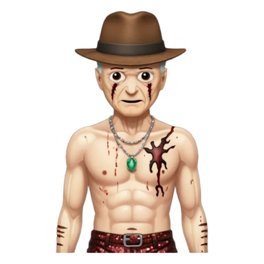 Freddy Krueger with burned skin, dark brown sequin baggy pants, shirtless with necklace sticker