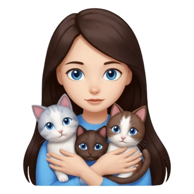 a pretty girl with long dark 
brown hair, with blue eyes, hugs 3 different natural coloured small cats sticker