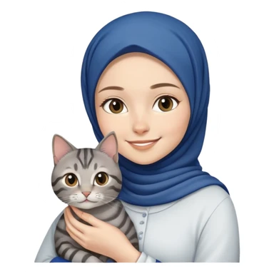 White girl wearing dark blue hijab with white shirt smiling while holding a black grey tabby cat sticker