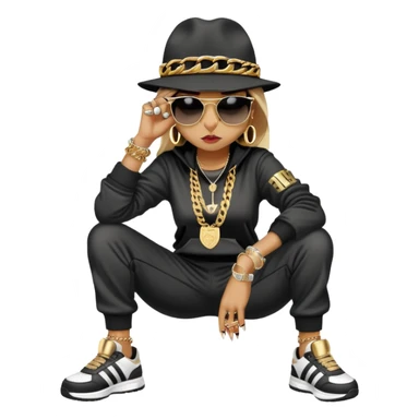 female cat wearing Run DMC hip-hop outfit with tracksuit, fedora, Adidas sneakers, dark sunglasses, many gold chains, rings, bracelets, flashy earrings, fallen down with distressed expression sticker