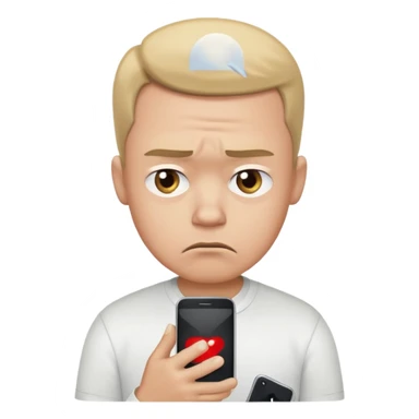 A sad-looking cartoon man holding a smartphone, staring at the screen with worried eyes and a frown, wearing a white shirt. sticker