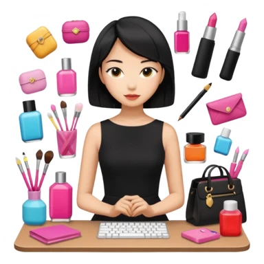 asian black short shoulder length hair tanned woman, black dress girly things sticker