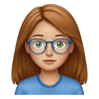 Create an emoji of a girl with light brown hair long length hair, green eyes, freckles, glasses and wearing a blue shirt sticker