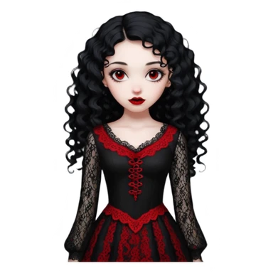 A girl with a red goth vampire look in a black and red goth lace dress with long sleeves and long black curly hair bold look on her face sticker