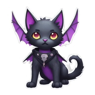   cool edgy kawaii ethereal dark-punk-themed animal vampiric cat-hybrid Fakemon with fangs and bat-wing-ears with a collar full body sticker
