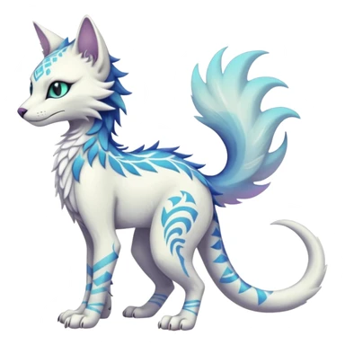 Kawaii white iridescent edgy cute cool fantasy feline-vernid-sergal-fursona animal creature with a tufted tail full body with intricate tribal markings  sticker