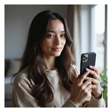 realistic PNG image of a woman with long straight dark brown-black hair holding an iPhone recording a TikTok video facing the camera with a focused expression dressed casually in a well-lit indoor setting transparent background sticker