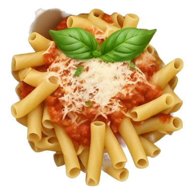 a bowl of pasta with tomato sauce and a sprig of basil and parmesan cheese on top sticker