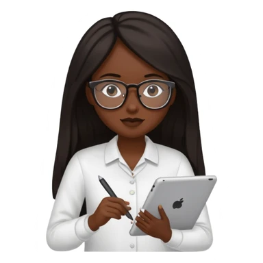 Yo, una chica de piel morena de pelo largo oscuro con lentes para ver, con la tablet trabajando  sticker