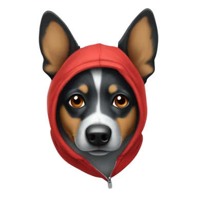 Blue heeler wearing a big red hoodie sticker