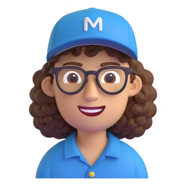 man with a New Era cap, curly hair, and glasses, 3D emoji style sticker