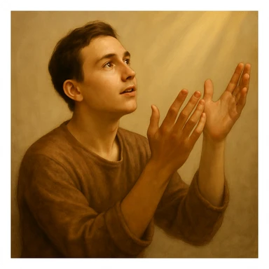 Remove the beard and make the man look 20 years old, keep the praying pose and peaceful expression, maintain the original style and appearance. sticker