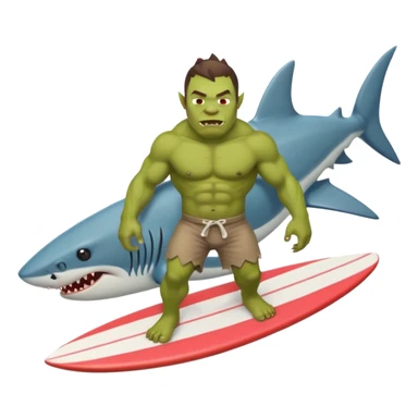 orc male with a shark-shaped board, centered sticker