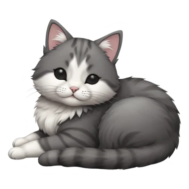 dark grey and white small cat with his eyes closed leaning his head on his paw while lying down sticker