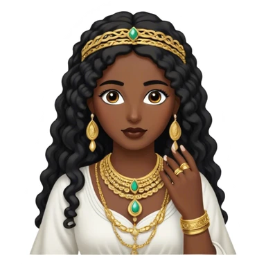 The Palestinian woman, she had long curly black hair and well defined eyebrows wears a white traditional dress. Her accessories steal the spotlight—intricately designed gold bangles, statement rings, and layered necklaces— she doesn’t have a head or hair accessories sticker