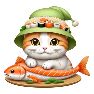 cat wearing a hat with a rice base, multiple fish pieces on top, and wasabi accent, sushi hat sticker