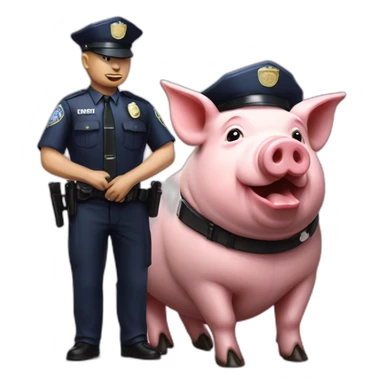 Photorealistic pig Kitted out police officers with donut and service sidearm and pig face sticker