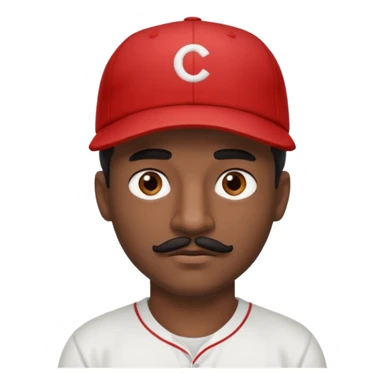 A dark-skinned man with a baseball cap, brown eyes, and a thin black mustache. sticker