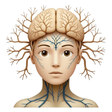 generate an image of a face of a human being blended with neurons, micelium, universe, inspired in a mentat of dune sticker