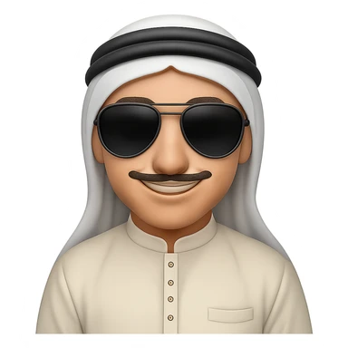 Add stylish sunglasses to the Emirati man wearing traditional white kandura and ghutra, maintaining a friendly expression. The image should have no background. Preserve the traditional attire and the friendly vibe clearly in the style of an edited image. sticker
