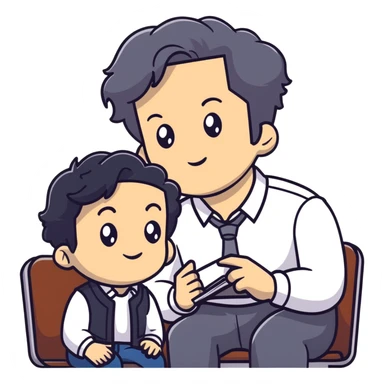 Management educator with black wavy hair, stubble, strong features, white skin, smart casual attire, sitting with a young professional, providing career guidance and mentorship, thoughtful listening expression sticker