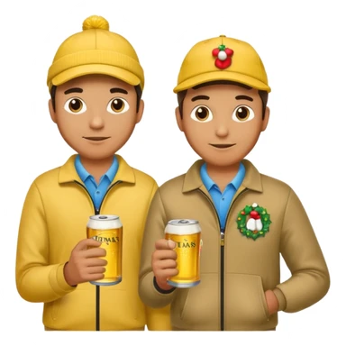 16 men on a golf trip wearing yellow golf caps all holding a beer can with a Xmas style label. Has to be 16 of them. sticker