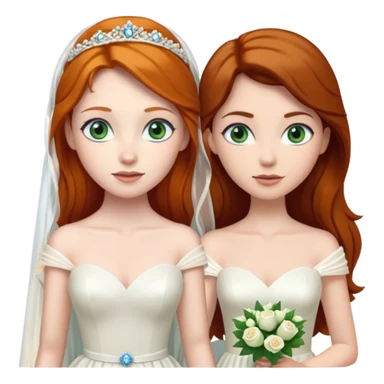 A ginger woman with blue eyes, marrying a taller, pale woman with very dark brown hair and green eyes, both in wedding dresses. sticker