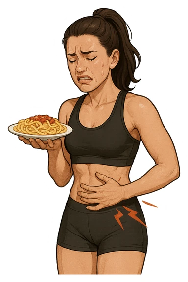 DONNA FITNESS CON PIATTO DI PASTA IN MANO E MAL DI PANCIA, FA FATICA A DIGERIRE sticker