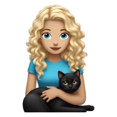 blonde girl with curly hair and blue eyes holding a black cat sticker