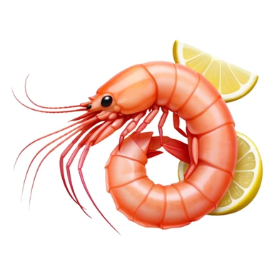 Cinematic glistening shrimp, pink and juicy, slightly curled with a light char, served with lemon wedges, ultra-detailed and fresh, warm glowing background. sticker