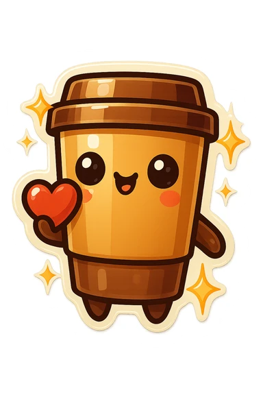 Tall coffee cup, offerring heart, big eyes, star sparkles sticker