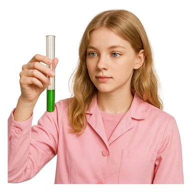 blonde girl with green-grey eyes, dressed in pink clothes, holding a test tube, chemist style sticker