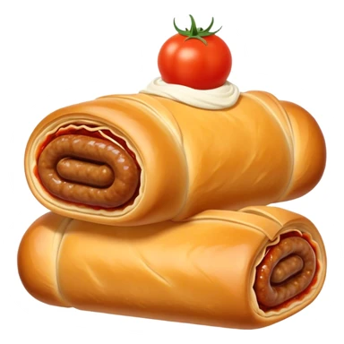 cinematic-realistic-sausage-roll-dish-emoji,-depicted-with-a-crisp,-golden-pastry-wrapped-around-flavorful-sausage,with tomatoe sauce on top sticker