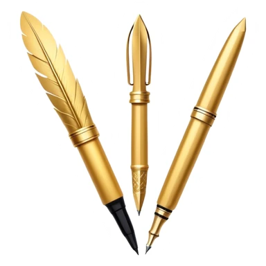 two golden quills with feathers and fountain pen tips crossing in front of each other like an X
Color: Gold. style like an emoji with gradients and shadowing minimal esthetic, white backgroudn sticker