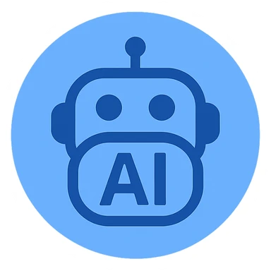 AI logo for social media, stylized robot face inside a circle, minimal, flat blue palette, clear lines, high recognizability sticker