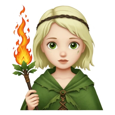 ancient european girl, tattered leaf green cloth, hold fire stick sticker
