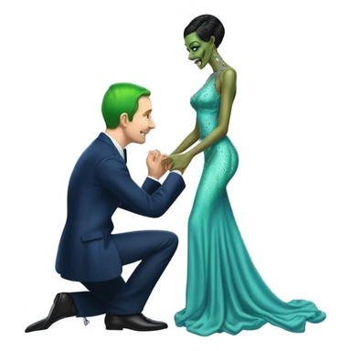 alien reptilian green skin woman, in long slim pastel blue formal party satin dress with gradient shiny sparkling navy blue diamonds embroidered , and caucasian man in black dres on his knees asks her to marry her sticker