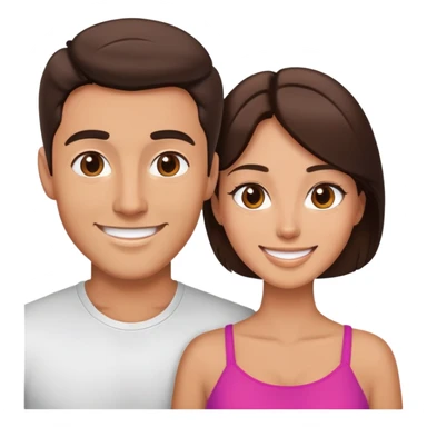 Attractive brunette man and woman with tan skin from chest up, smiling at camera sticker