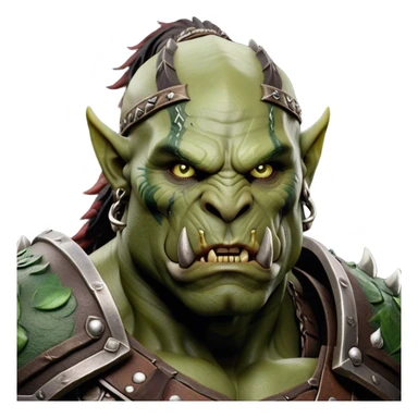 Cinematic Realistic WoW Orc Warrior Portrait, depicted with battle-scarred, rugged green skin and a powerful, muscular build that radiates primal strength. Clad in intricately detailed tribal armor accented with dark leather and iron embellishments in deep, earthy tones, his fierce eyes and determined expression exude honorable might. Rendered with lifelike texture and dramatic natural lighting, high shine, noble and formidable, capturing the essence of a legendary orc champion. sticker