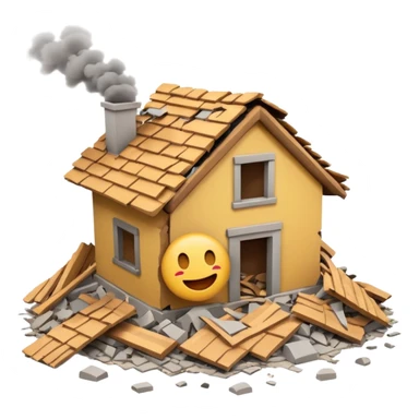 3D iPhone style emoji of a completely destroyed house, heavily damaged, collapsed into rubble, broken walls and roof scattered into debris, isolated on white background, soft shadows, high detail, playful and cute. sticker