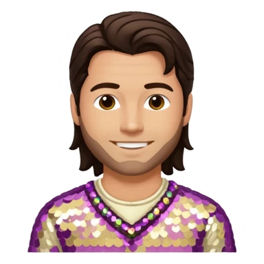 Chris Pontius from Jackass with long dark brown hair, cream sequin outfit sticker